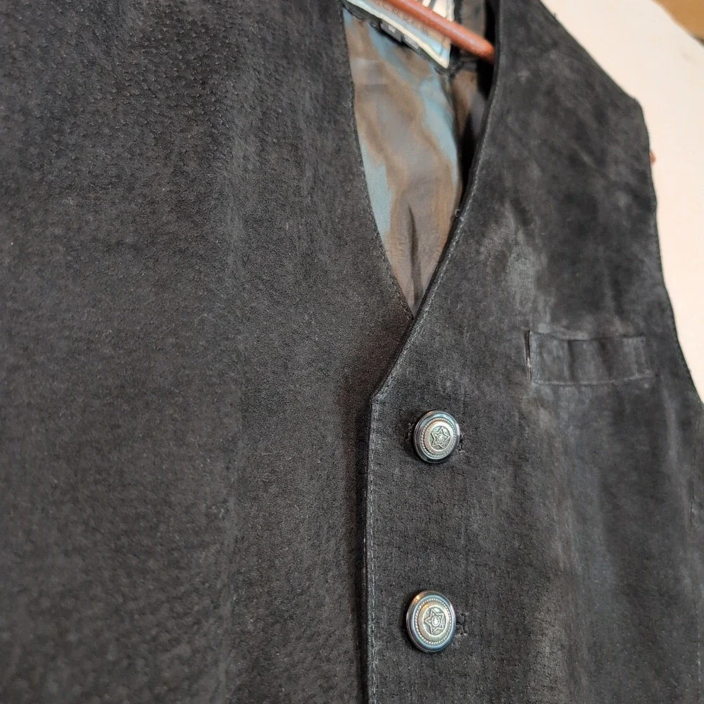 Vintage IOU Black Suede Leather Vest Mens Md 4 Button Cinch Back Western Goth